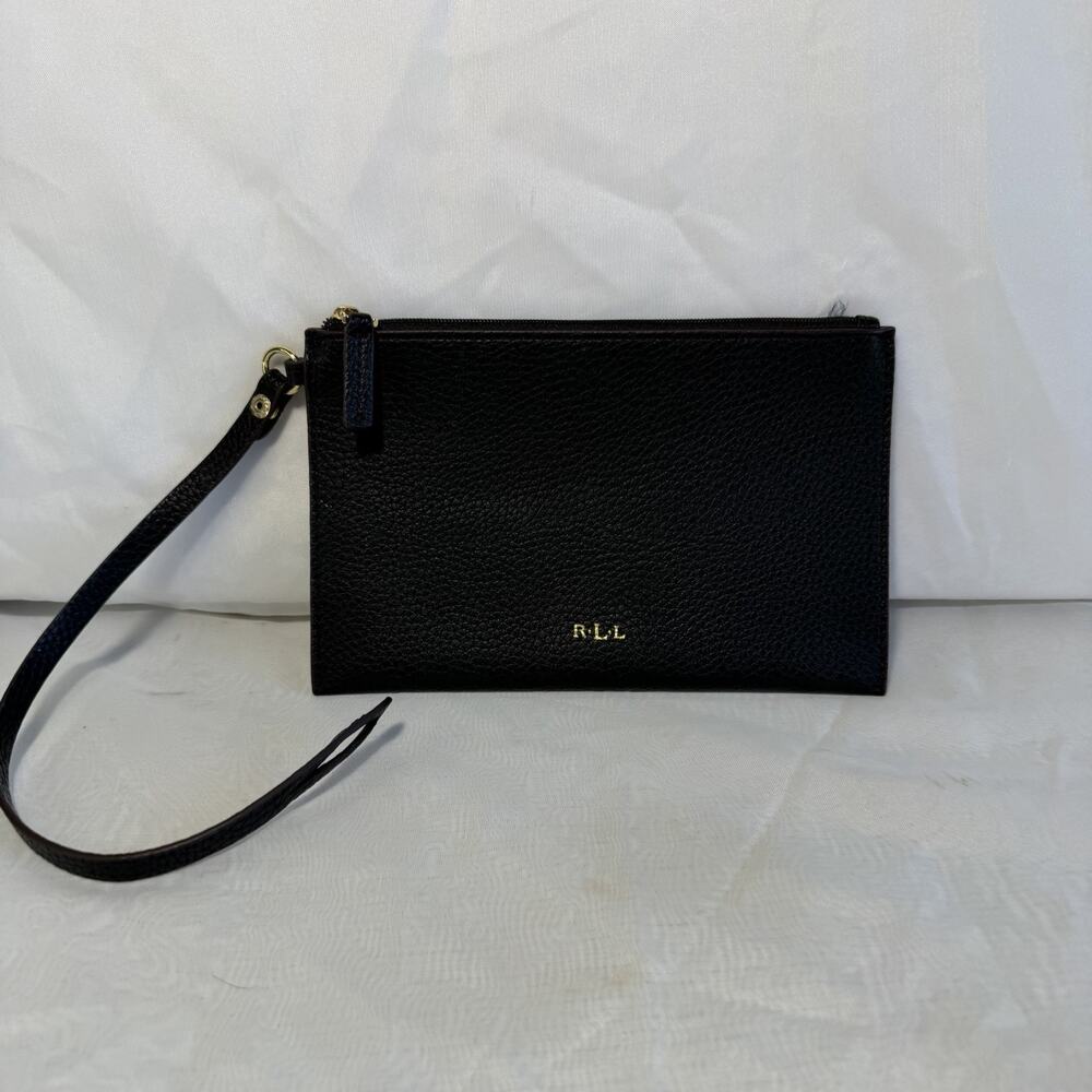 Ralph Lauren Black Pebbled Leather Zipper Pouch Purse Insert Loop Closure Mint